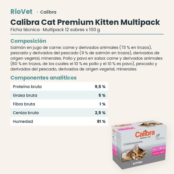 Ficha técnica de Calibra Cat Premium Kitten Multipack Sobres en Salsa para Gatitos 12x100 g: composición y componentes analíticos