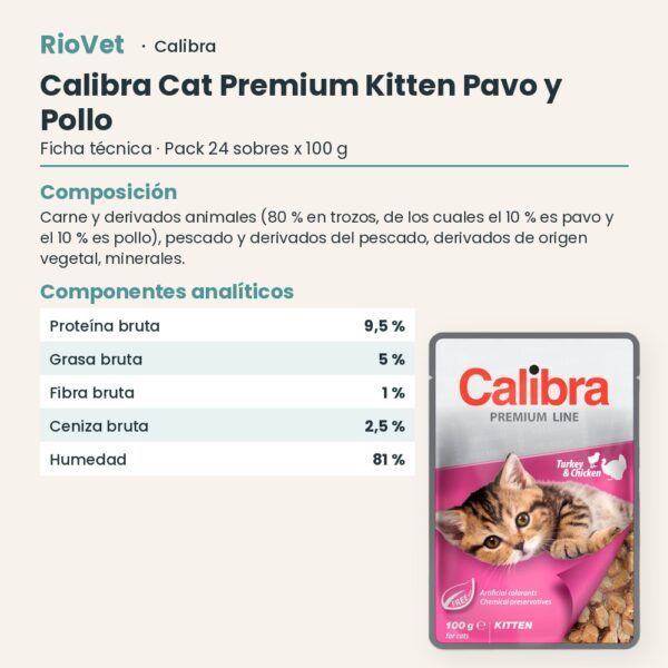Ficha técnica de Calibra Cat Premium Kitten Pavo y Pollo en Salsa para Gatitos Pack 24x100 g: composición y componentes analíticos