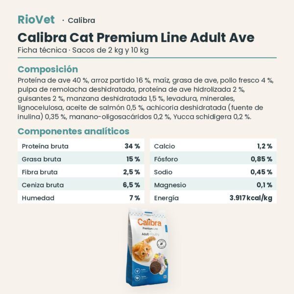 Ficha técnica de Calibra Cat Premium Line Adult Ave Pienso para Gatos: composición y componentes analíticos