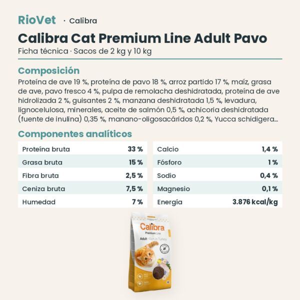 Ficha técnica de Calibra Cat Premium Line Adult Pavo Pienso para Gatos: composición y componentes analíticos