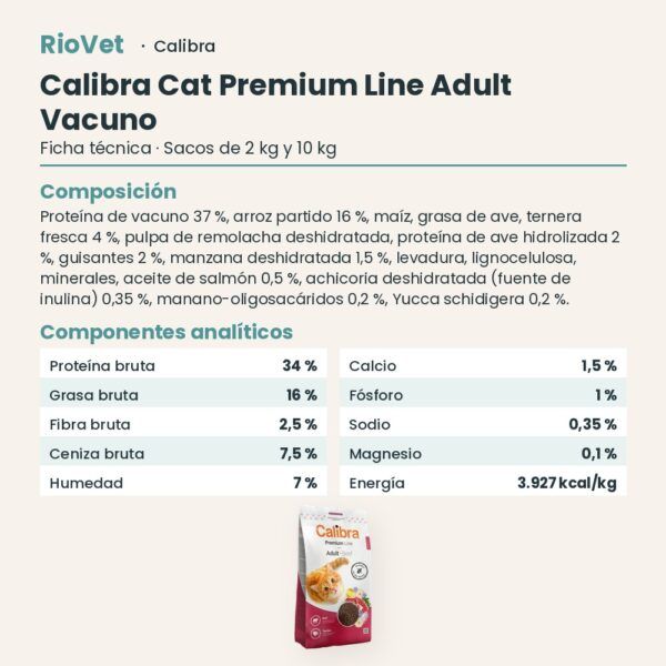 Ficha técnica de Calibra Cat Premium Line Adult Vacuno Pienso para Gatos: composición y componentes analíticos