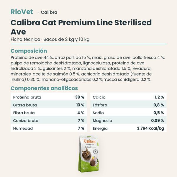 Ficha técnica de Calibra Cat Premium Line Sterilised Ave Pienso para Gatos Esterilizados: composición y componentes analíticos