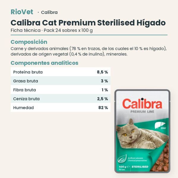 Ficha técnica de Calibra Cat Premium Sterilised Hígado en Salsa para Gatos Esterilizados Pack 24x100 g: composición y componentes analíticos