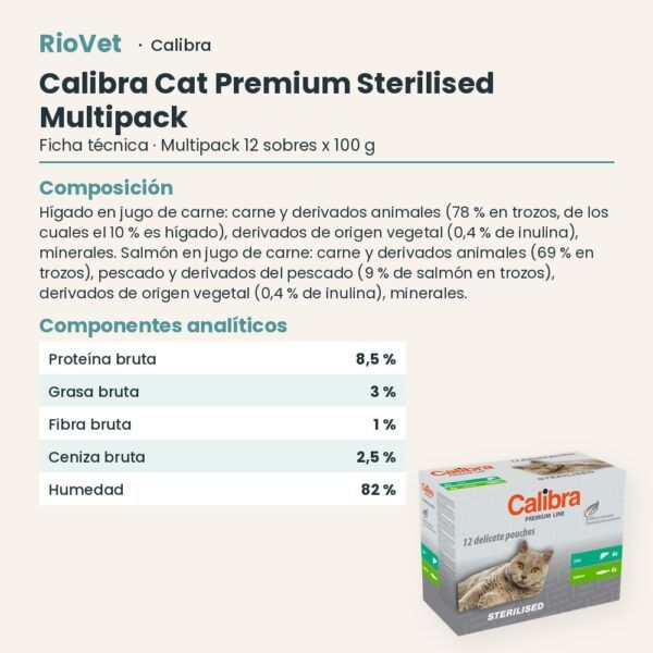 Ficha técnica de Calibra Cat Premium Sterilised Multipack Sobres para Gatos Esterilizados 12x100 g: composición y componentes analíticos
