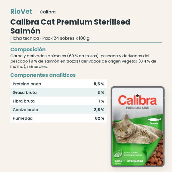 Ficha técnica de Calibra Cat Premium Sterilised Salmón en Salsa para Gatos Esterilizados Pack 24x100 g: composición y componentes analíticos