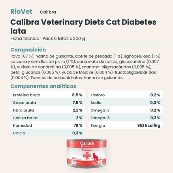 Ficha técnica de Calibra Dieta Veterinaria Diabetes para Gatos en Lata Pack 6x200 g: composición y componentes analíticos