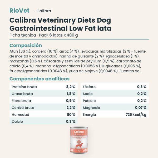 Ficha técnica de Calibra Dieta Veterinaria Gastrointestinal Low Fat para Perros en Lata Pack 6x400 g: composición y componentes analíticos