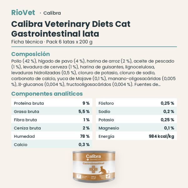 Ficha técnica de Calibra Dieta Veterinaria Gastrointestinal para Gatos en Lata Pack 6x200 g: composición y componentes analíticos