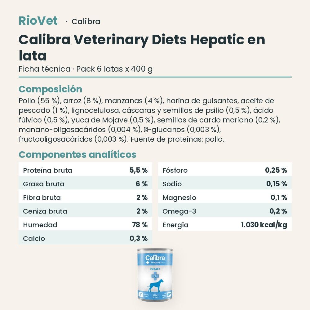 Ficha técnica de Calibra Veterinary Diets Hepatic en lata: composición y componentes analíticos