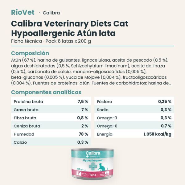 Ficha técnica de Calibra Dieta Veterinaria Hypoallergenic Atún para Gatos en Lata Pack 6x200 g: composición y componentes analíticos