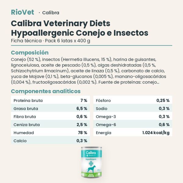 Ficha técnica de Calibra Dieta Veterinaria Hypoallergenic Conejo e Insectos para Perros en Lata Pack 6x400 g: composición y componentes analíticos