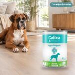 Perro junto a Calibra Dieta Veterinaria Hypoallergenic Conejo e Insectos para Perros en Lata Pack 6x400 g