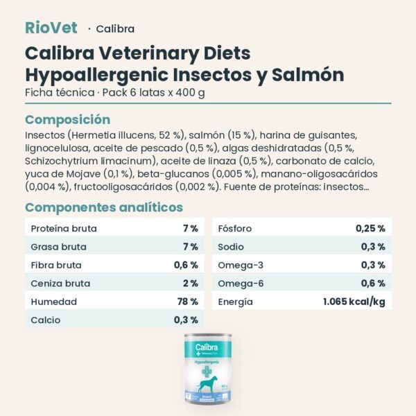 Ficha técnica de Calibra Dieta Veterinaria Hypoallergenic Insectos y Salmón para Perros en Lata Pack 6x400 g: composición y componentes analíticos