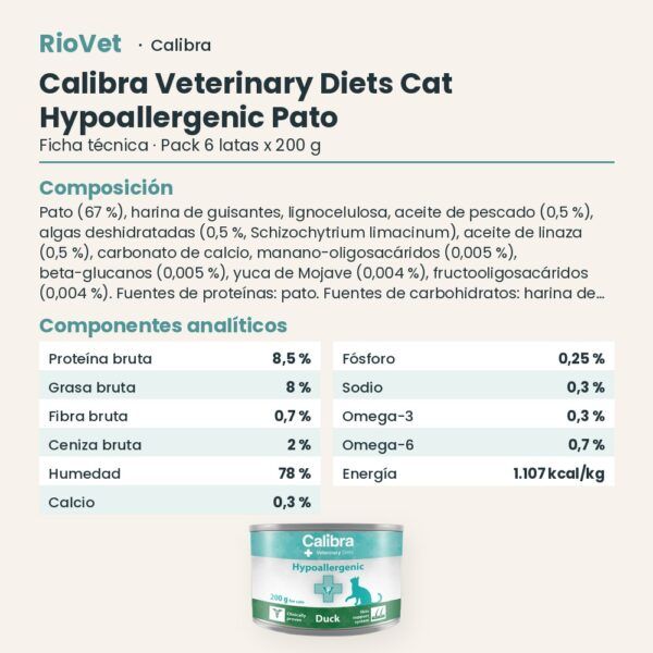 Ficha técnica de Calibra Veterinary Diets Cat Hypoallergenic Pato: composición y componentes analíticos