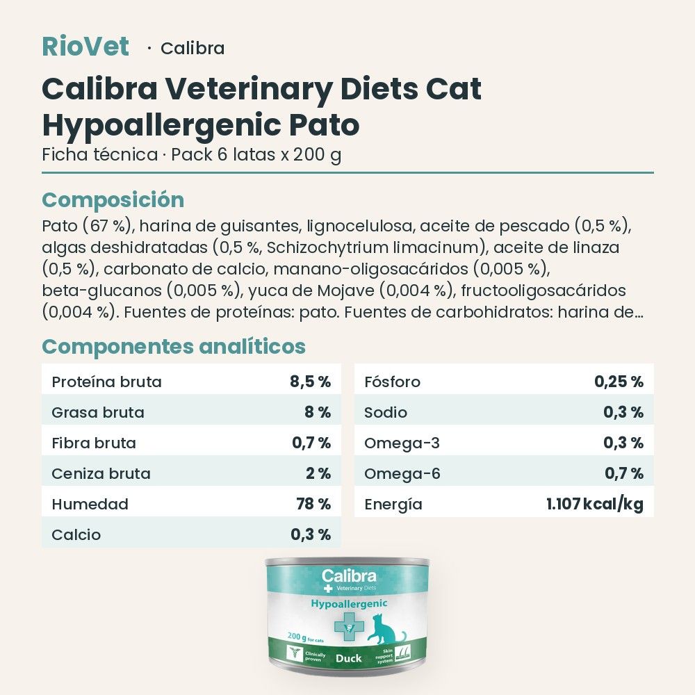 Ficha técnica de Calibra Veterinary Diets Cat Hypoallergenic Pato: composición y componentes analíticos