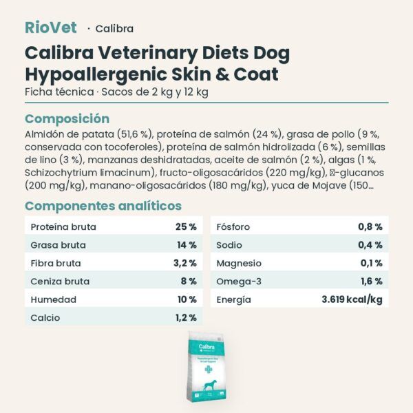 Ficha técnica de Calibra Dieta Veterinaria Hypoallergenic Skin & Coat Support Pienso para Perros: composición y componentes analíticos