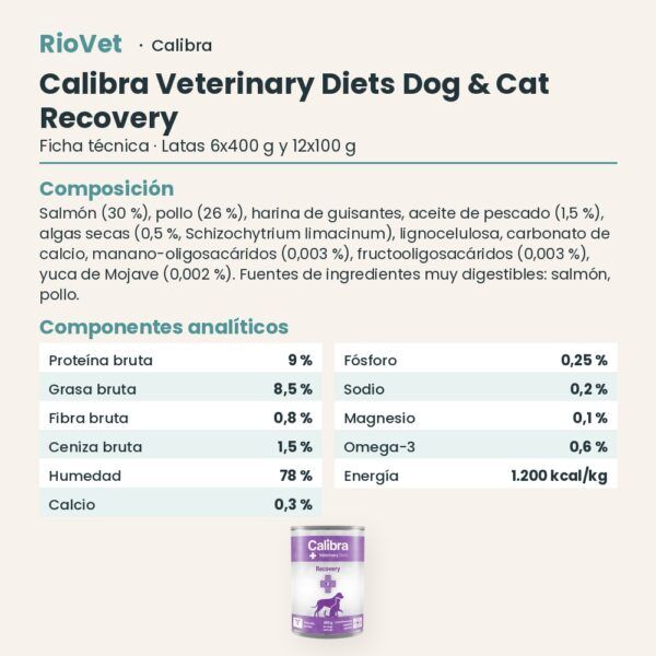 Ficha técnica de Calibra Dieta Veterinaria Recovery para Perros y Gatos en Lata: composición y componentes analíticos