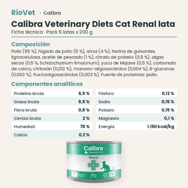 Ficha técnica de Calibra Dieta Veterinaria Renal para Gatos en Lata Pack 6x200 g: composición y componentes analíticos