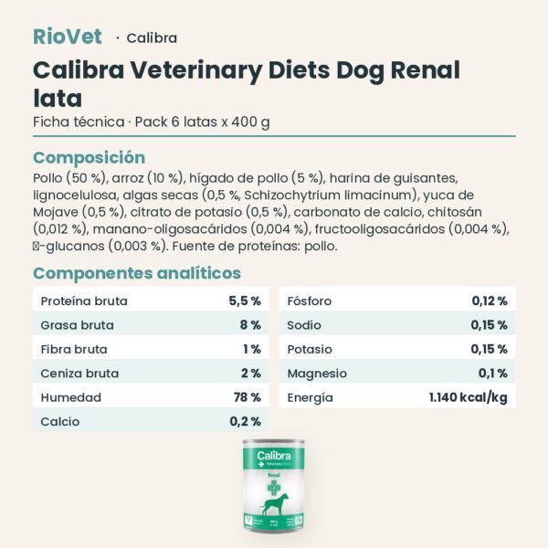 Ficha técnica de Calibra Dieta Veterinaria Renal para Perros en Lata Pack 6x400 g: composición y componentes analíticos