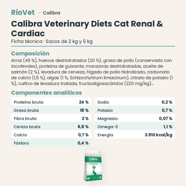 Ficha técnica de Calibra Dieta Veterinaria Renal y Cardiac Pienso para Gatos: composición y componentes analíticos