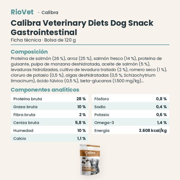 Ficha técnica de Calibra Dieta Veterinaria Snack Crujiente Gastrointestinal para Perros 120 g: composición y componentes analíticos