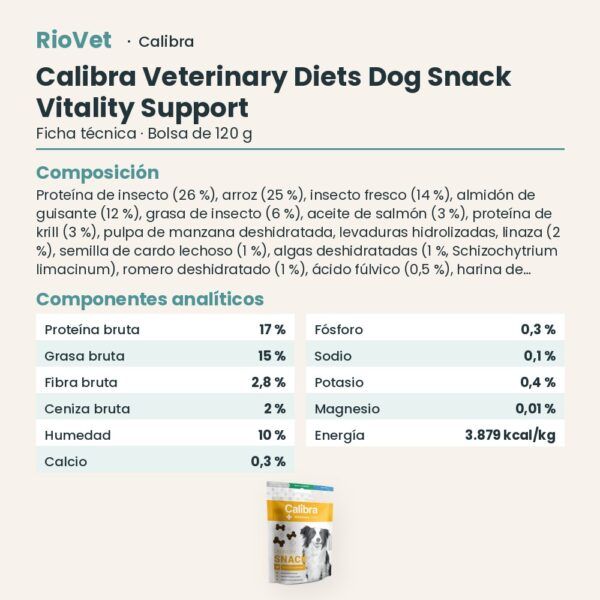 Ficha técnica de Calibra Dieta Veterinaria Snack Crujiente Vitality Support para Perros 120 g: composición y componentes analíticos