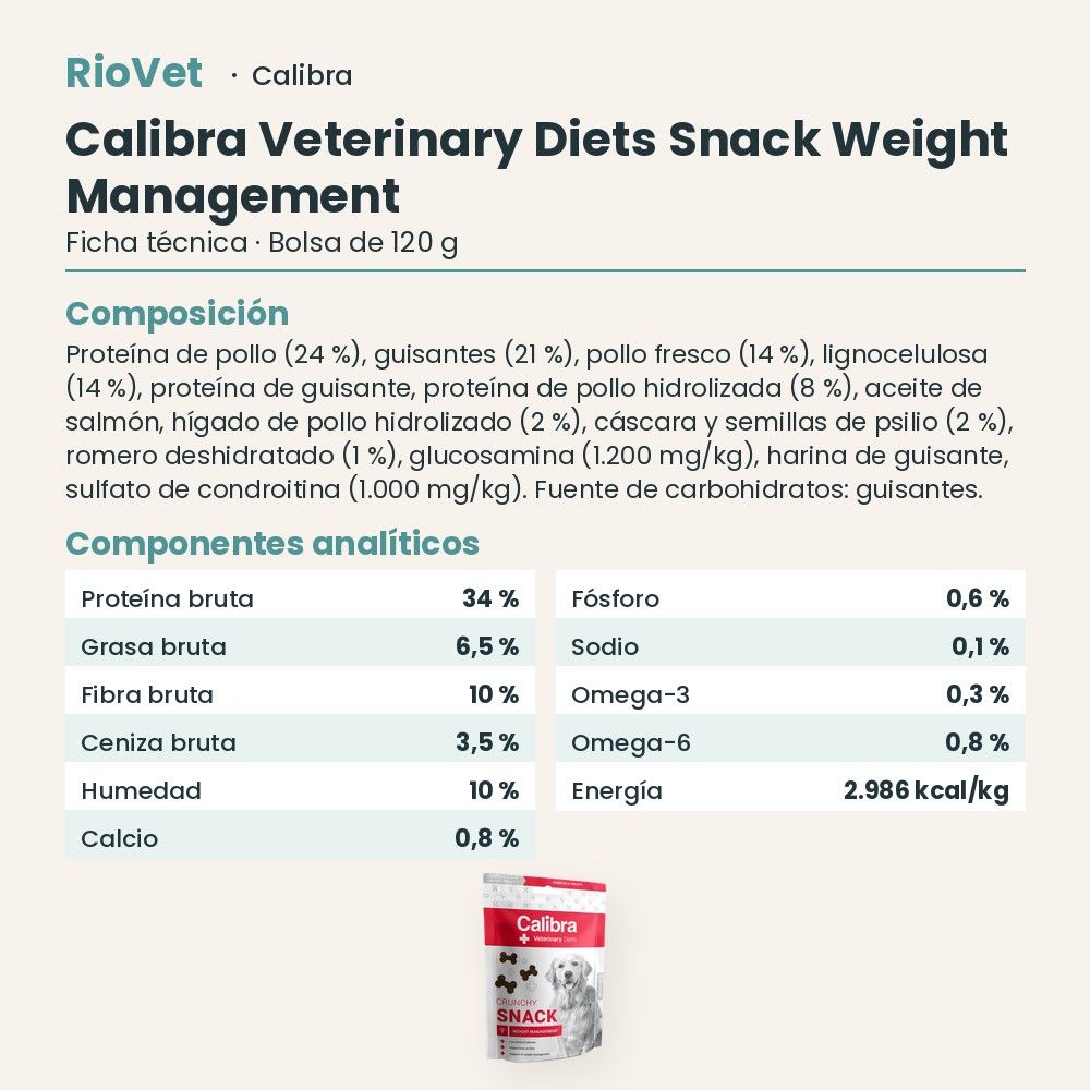 Ficha técnica de Calibra Veterinary Diets Snack Weight Management: composición y componentes analíticos