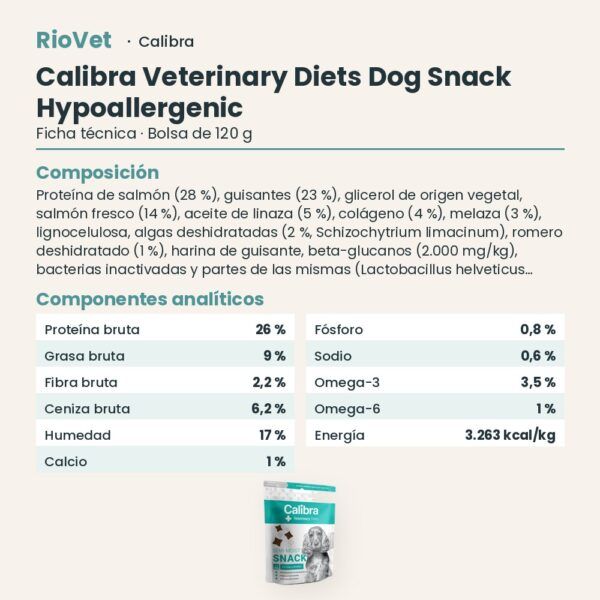 Ficha técnica de Calibra Dieta Veterinaria Snack Semihúmedo Hypoallergenic para Perros 120 g: composición y componentes analíticos