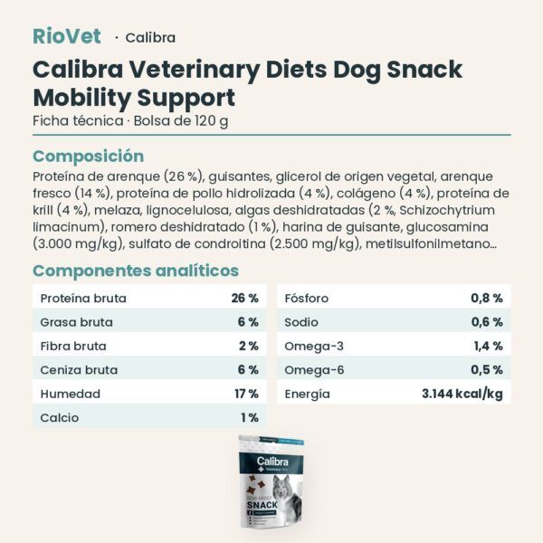 Ficha técnica de Calibra Dieta Veterinaria Snack Semihúmedo Mobility Support para Perros 120 g: composición y componentes analíticos