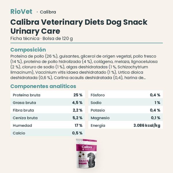 Ficha técnica de Calibra Dieta Veterinaria Snack Semihúmedo Urinary Care para Perros 120 g: composición y componentes analíticos