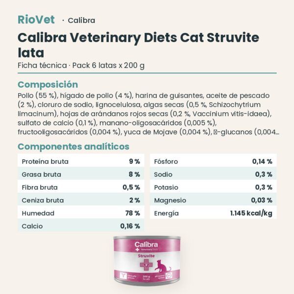 Ficha técnica de Calibra Dieta Veterinaria Struvite para Gatos en Lata Pack 6x200 g: composición y componentes analíticos