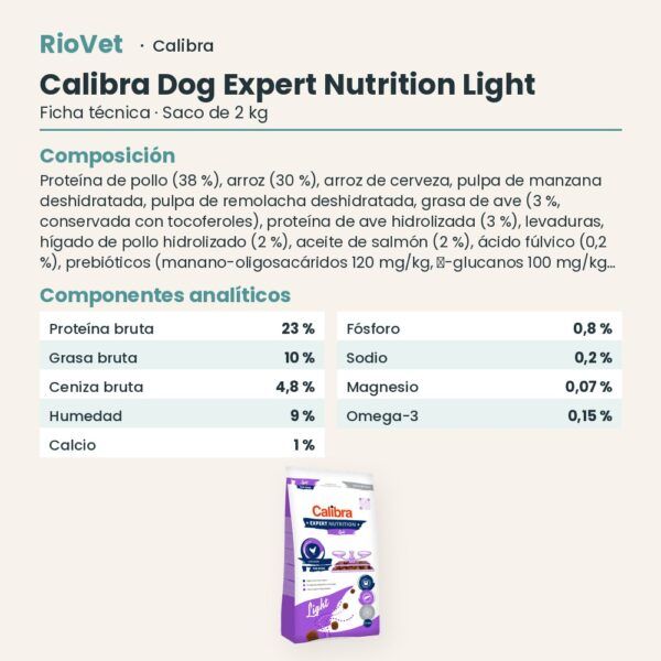 Ficha técnica de Calibra Dog Expert Nutrition Light Pienso para Perros con Sobrepeso 2 kg: composición y componentes analíticos