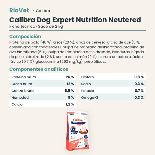 Ficha técnica de Calibra Dog Expert Nutrition Neutered Pienso para Perros Esterilizados 2 kg: composición y componentes analíticos