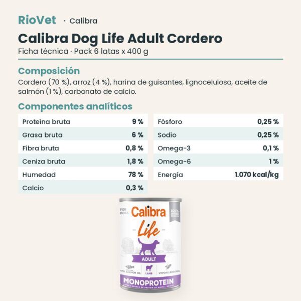 Ficha técnica de Calibra Dog Life Adult Cordero para Perros en Lata Pack 6x400 g: composición y componentes analíticos