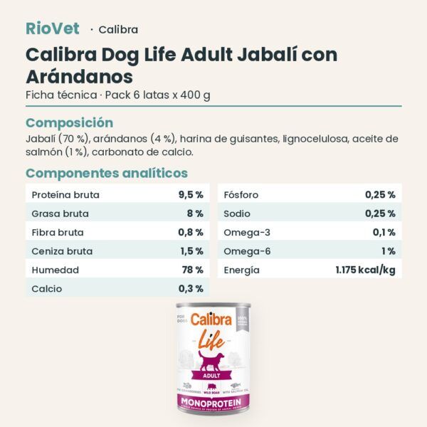 Ficha técnica de Calibra Dog Life Adult Jabalí con Arándanos para Perros en Lata Pack 6x400 g: composición y componentes analíticos