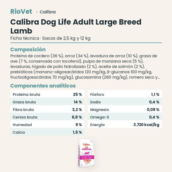 Ficha técnica de Calibra Dog Life Adult Large Breed Cordero Pienso para Perros Adultos de Raza Grande: composición y componentes analíticos