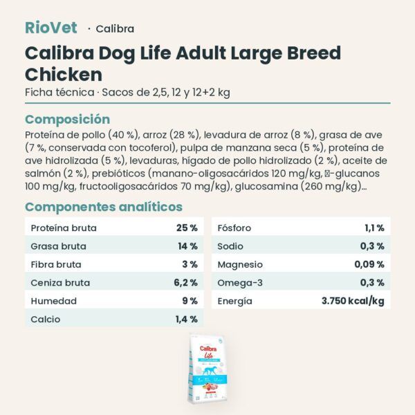 Ficha técnica de Calibra Dog Life Adult Large Breed Pollo Pienso para Perros Adultos de Raza Grande: composición y componentes analíticos