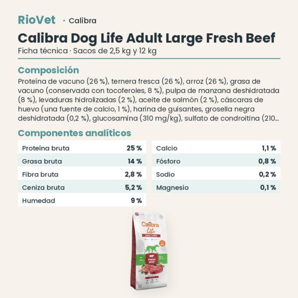 Ficha técnica de Calibra Dog Life Adult Large Ternera Fresca Pienso para Perros Adultos de Raza Grande: composición y componentes analíticos