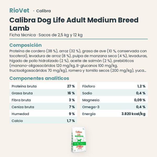 Ficha técnica de Calibra Dog Life Adult Medium Breed Cordero Pienso para Perros Adultos de Raza Mediana: composición y componentes analíticos