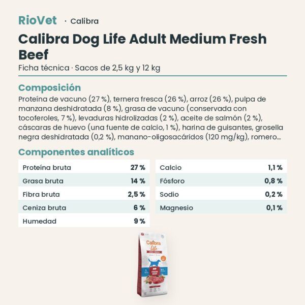 Ficha técnica de Calibra Dog Life Adult Medium Ternera Fresca Pienso para Perros Adultos de Raza Mediana: composición y componentes analíticos