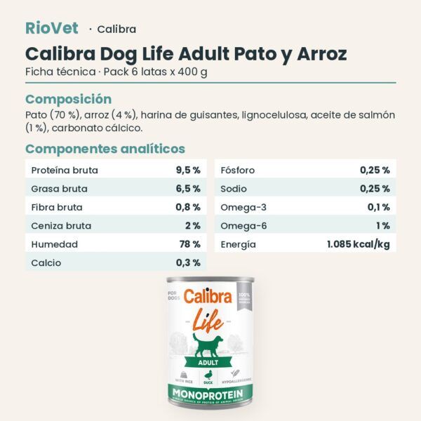 Ficha técnica de Calibra Dog Life Adult Pato y Arroz para Perros en Lata Pack 6x400 g: composición y componentes analíticos
