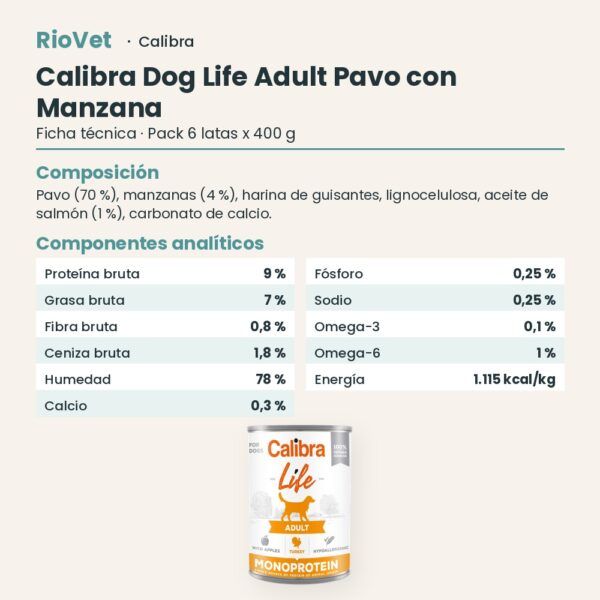 Ficha técnica de Calibra Dog Life Adult Pavo con Manzana para Perros en Lata Pack 6x400 g: composición y componentes analíticos