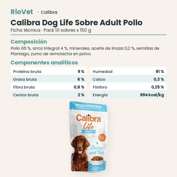 Ficha técnica de Calibra Dog Life Adult Pollo Comida Húmeda para Perros en Sobre Pack 10x150 g: composición y componentes analíticos
