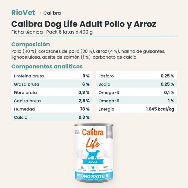 Ficha técnica de Calibra Dog Life Adult Pollo y Arroz para Perros en Lata Pack 6x400 g: composición y componentes analíticos