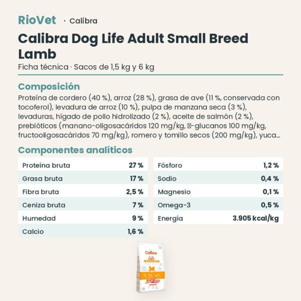 Ficha técnica de Calibra Dog Life Adult Small Breed Cordero Pienso para Perros Adultos de Raza Pequeña: composición y componentes analíticos