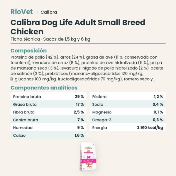 Ficha técnica de Calibra Dog Life Adult Small Breed Pollo Pienso para Perros Adultos de Raza Pequeña: composición y componentes analíticos
