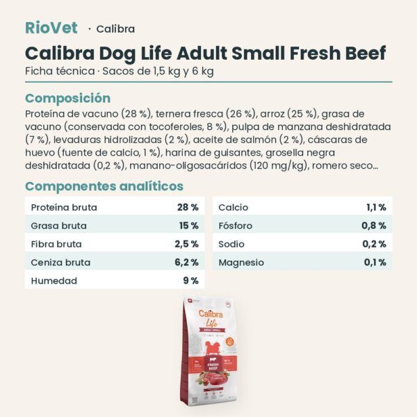 Ficha técnica de Calibra Dog Life Adult Small Ternera Fresca Pienso para Perros Adultos de Raza Pequeña: composición y componentes analíticos