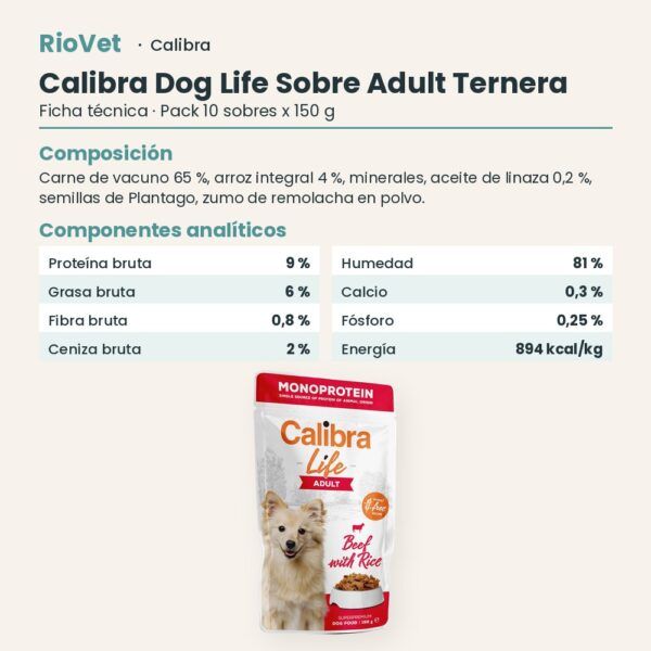 Ficha técnica de Calibra Dog Life Adult Ternera Comida Húmeda para Perros en Sobre Pack 10x150 g: composición y componentes analíticos