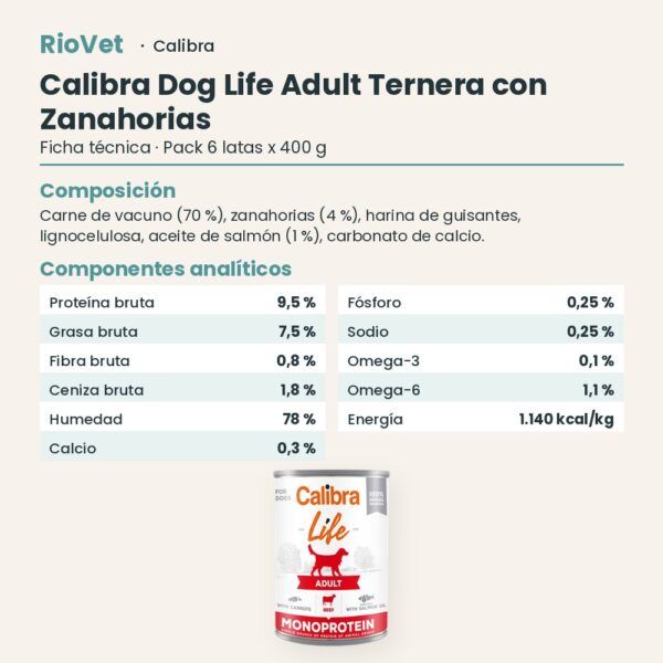 Ficha técnica de Calibra Dog Life Adult Ternera con Zanahorias para Perros en Lata Pack 6x400 g: composición y componentes analíticos