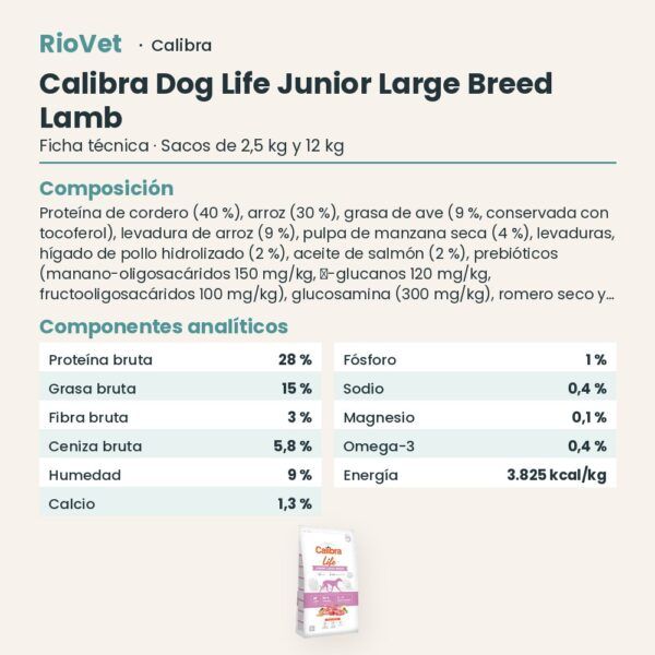 Ficha técnica de Calibra Dog Life Junior Large Breed Cordero Pienso para Cachorros de Raza Grande: composición y componentes analíticos